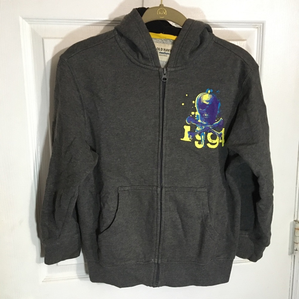 OLD NAVY Skull & Crossbones 1994 Logo Zip Hoodie Gray Sweater Jacket- Boys 7/8